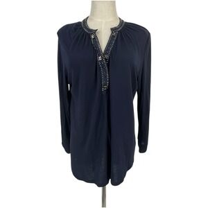 Black Label by Chicos Navy Blue Beaded Embellished Tunic Top Sz‎ 1 US 8 Med